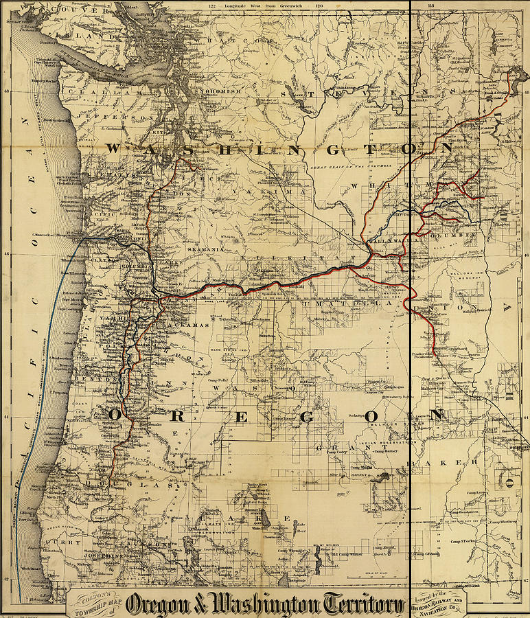 Transportation Drawing - Oregon and Washington Territory 1880 by Vintage Railroad Maps