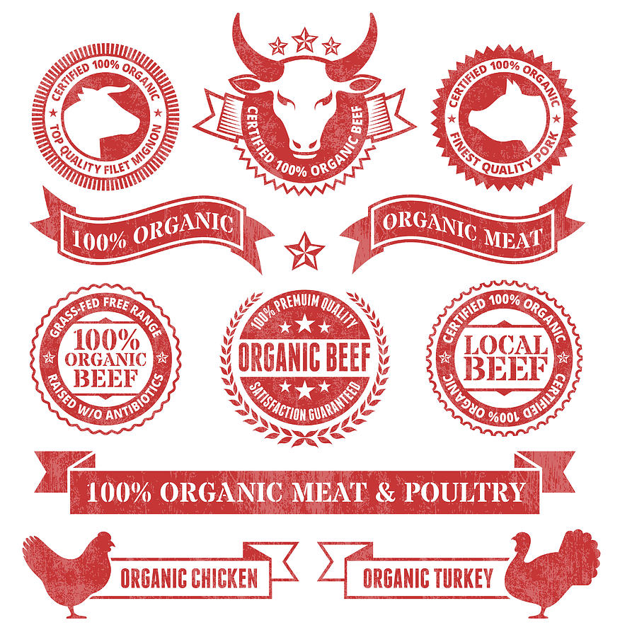 Organic Meat and Poultry Grunge royalty free vector icon set Drawing by Bubaone
