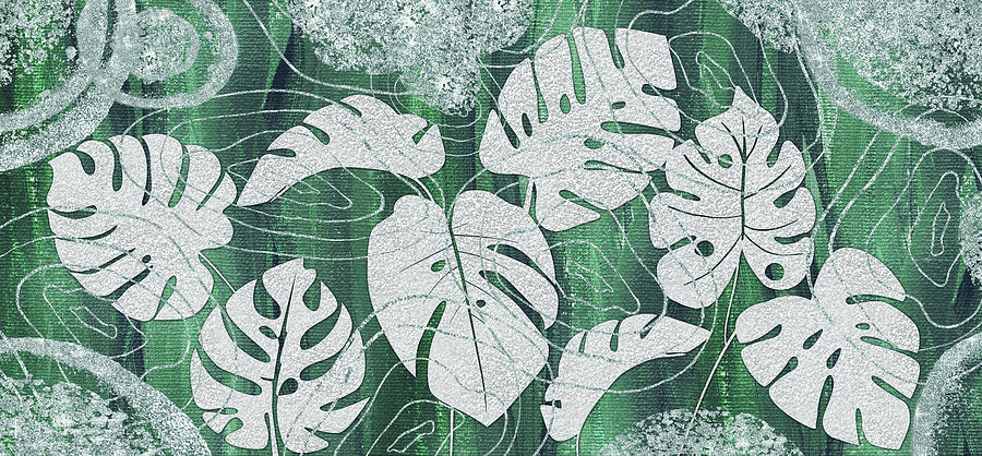 Organic Silver Gray Glow Monstera Foliage Leaves Botanical Art On Teal  Painting by Irina Sztukowski