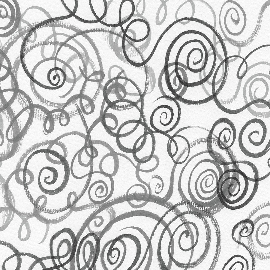 Organic Whimsical Lines And Swirls Gray Watercolor Curls On White Pattern IX Painting by Irina Sztukowski