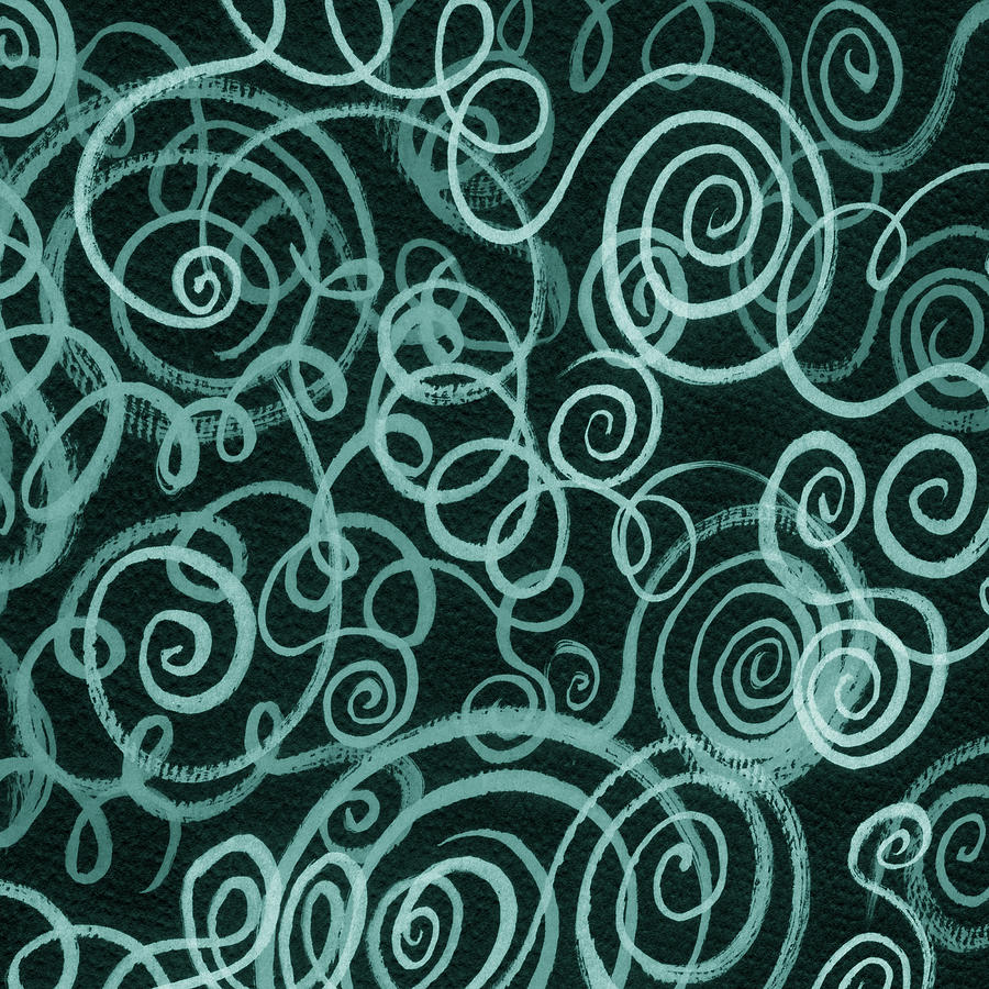 Organic Whimsical Lines And Swirls Teal Watercolor Curls On Black Pattern I Painting by Irina Sztukowski