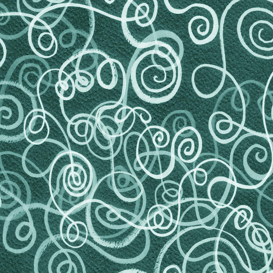 Organic Whimsical Lines And Swirls Teal Watercolor Curls On Black Pattern IV Painting by Irina Sztukowski