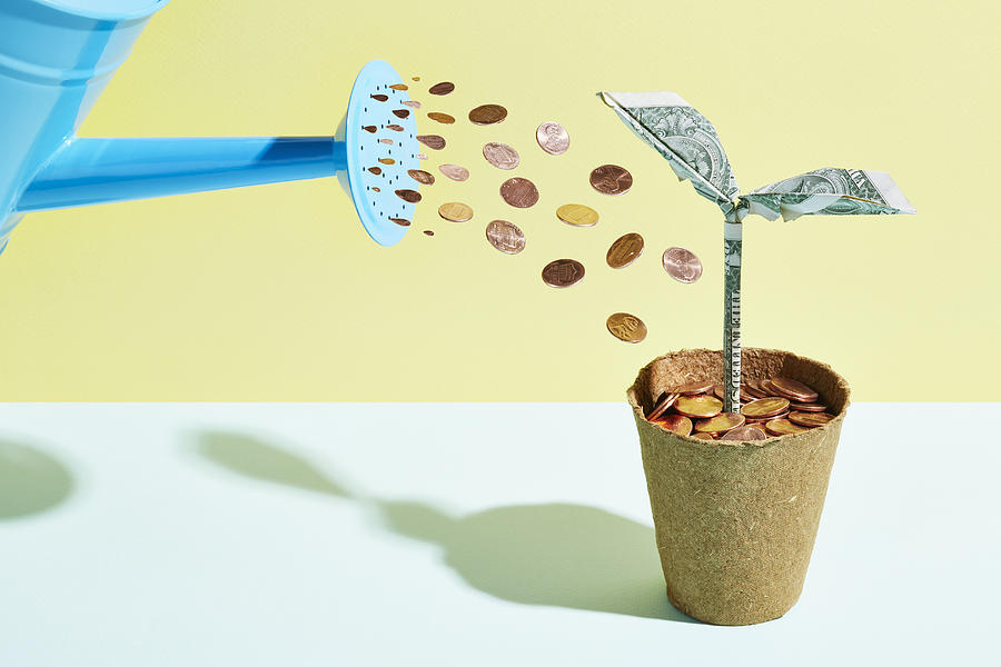 Origami dollar seedling being watered with coins Photograph by Richard Drury