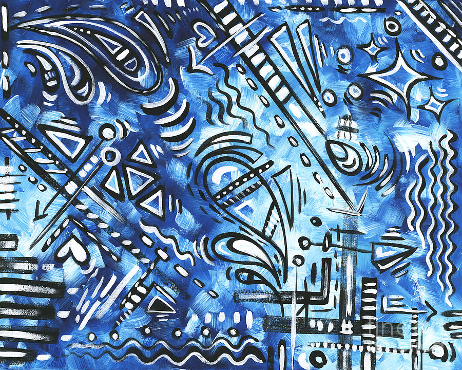 Original Abstract Blue and White Doodle Painting Graffiti Style Art Fun Uplifting Colorful Duncanson Painting by Megan Aroon