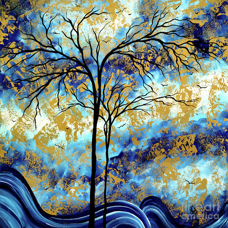 Original Abstract Landscape Painting, Blue and Gold Tree Art by Duncanson Painting by Megan Aroon