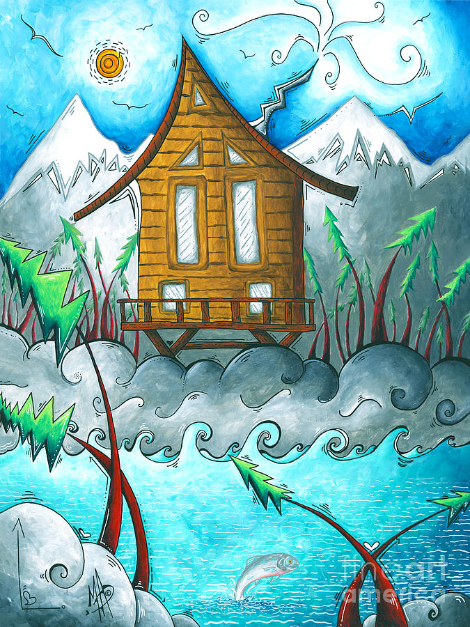 Original Alaskan Cabin Salmon PoP Art Style Landscape Sea Painting MAD Wonderland Eco Art Duncanson Painting by Megan Aroon
