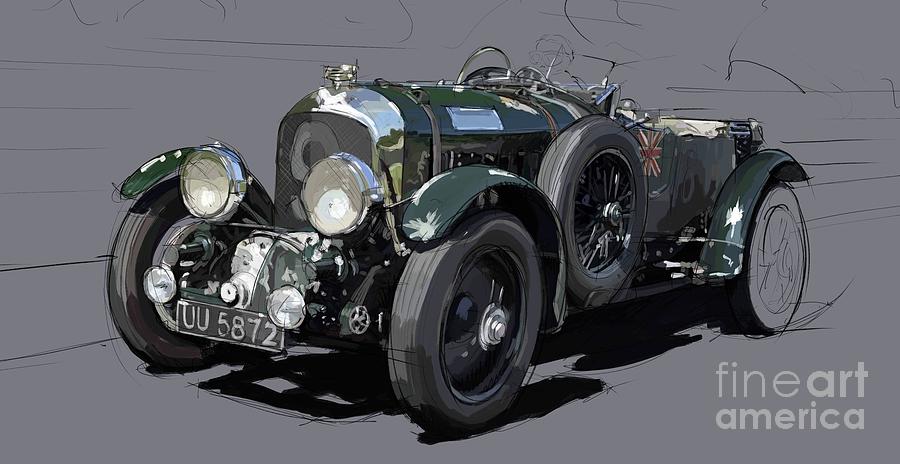 Blue Background Drawing - Original Artwork 1930 Bentley 4,5 Litre Blower by Drawspots Illustrations Blue Background Drawing - Original Artwork 1930 Bentley 4,5 Litre Blower by Drawspots Illustrations