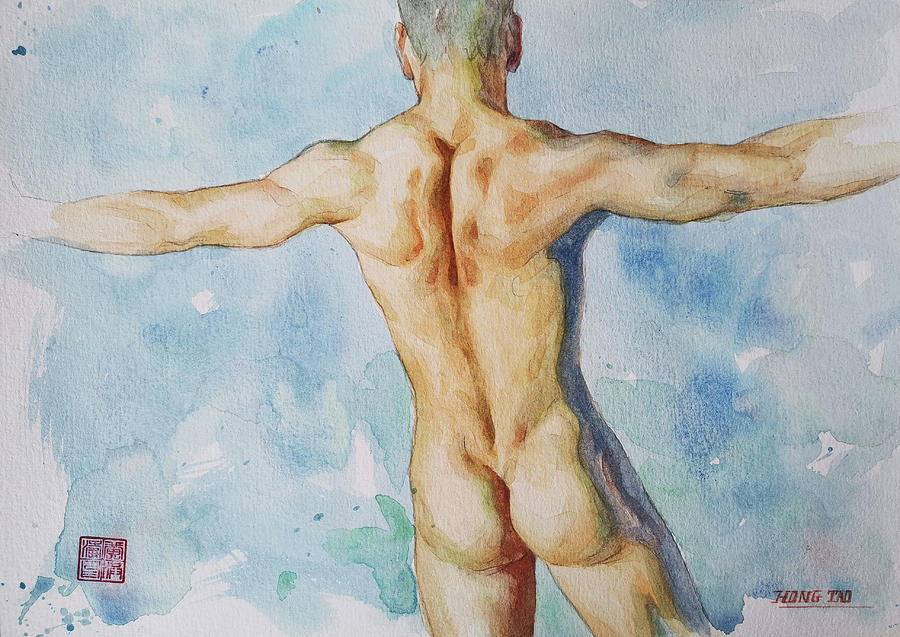 Original artwork watercolour  painting male nude man on paper #16-6-15 Painting by Hongtao Huang