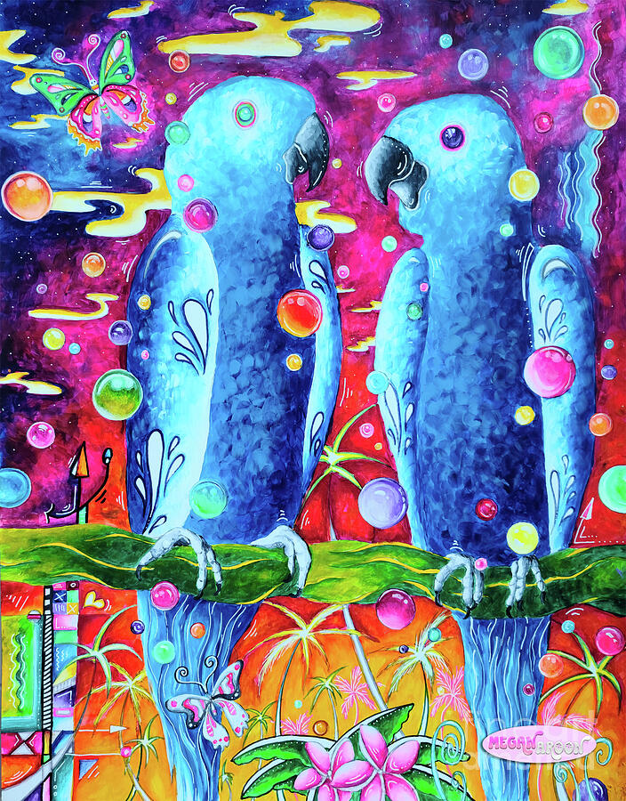 Original Blue Macaw Tropical Parrot Painting Jungle Art Butterflies Flowers Birds MADART Painting by Megan Aroon