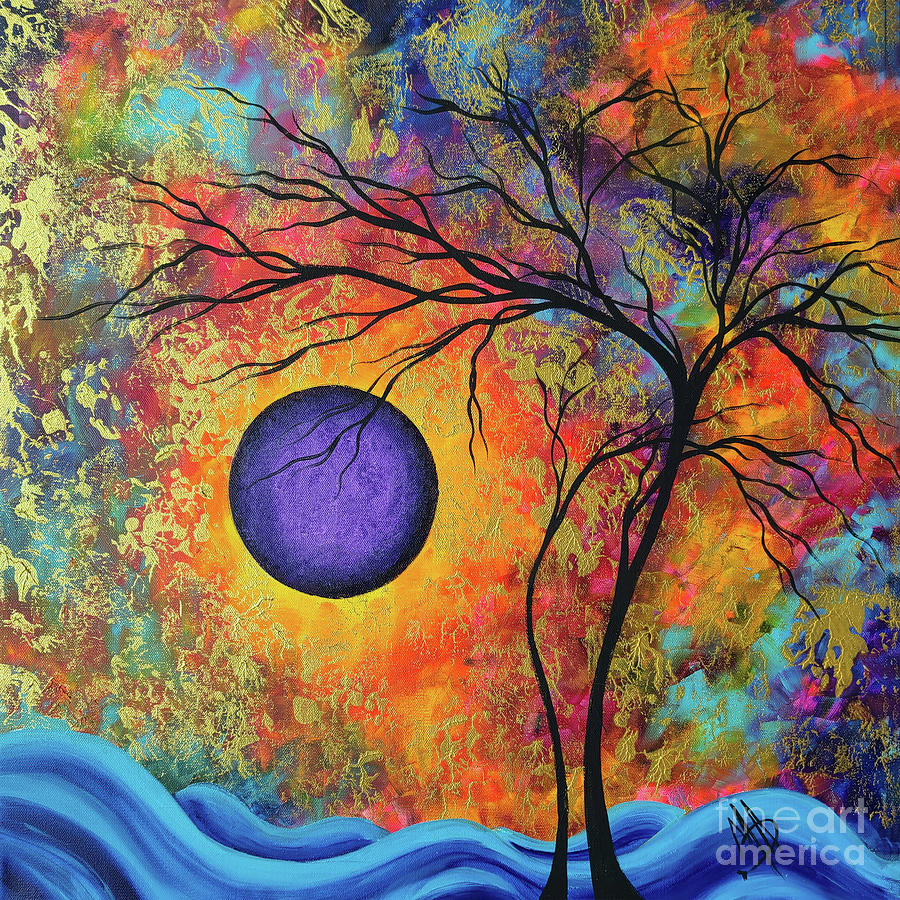 Original Gold Overlay Tree Purple Moon Rainbow Colors Tree of Life Painting Painting by Megan Aroon
