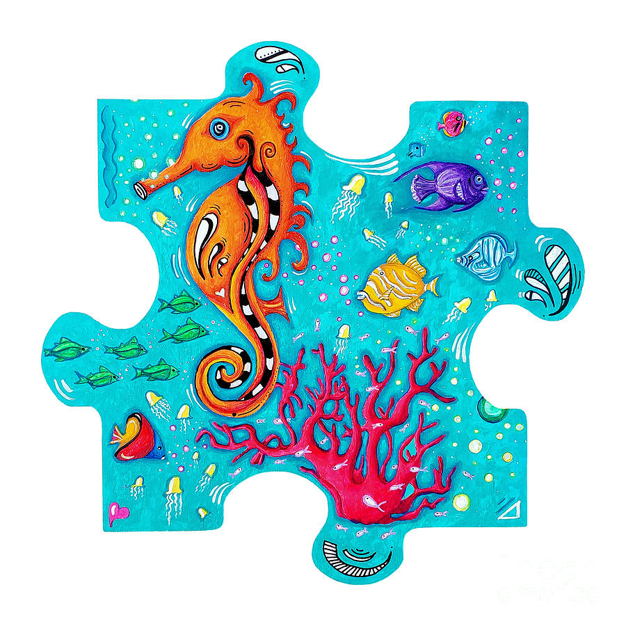 Original Handpaited Wooden Seahorse Puzzle Pieces Under the Water Art for Never Ending Story Puzzle Painting by Megan Aroon