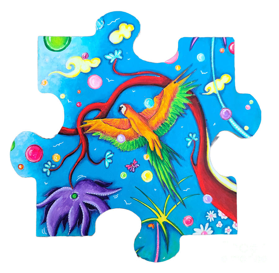Original Jigsaw Bird Puzzle Piece Painting, Whimsical Parrot Animal Art of A NeverEnding Story Painting by Megan Aroon