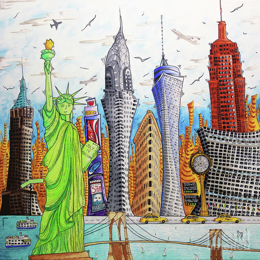 Travel Poster Painting - Original New York statue of Liberty PoP Art Style Painting by MeganAroon by Megan Aroon