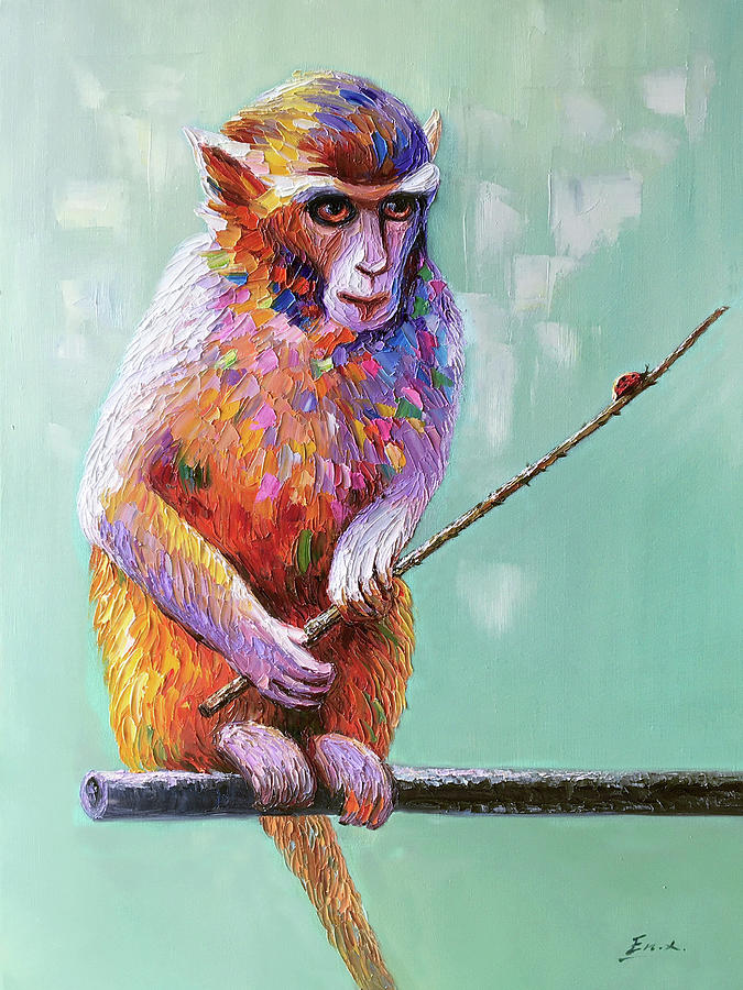 Original oil painting A monkey Painting by Enxu Zhou