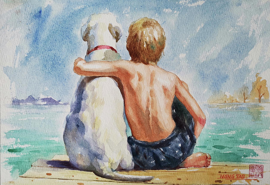 Original Watercolour Painting Nude Boy And Dog#16-11-18 Painting by Hongtao Huang