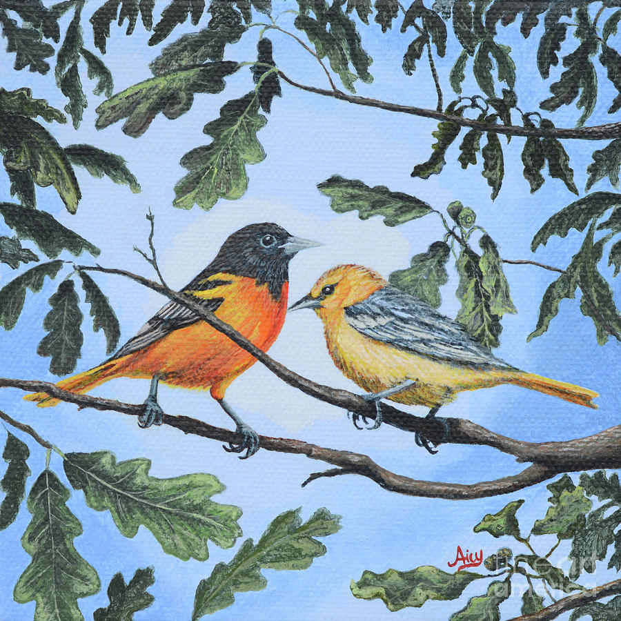 Oriole Birds on White Oak Tree Painting by Aicy Karbstein