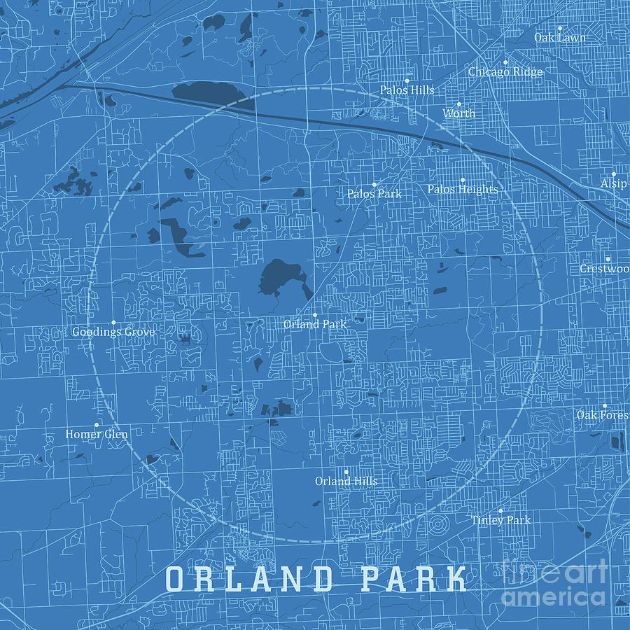 Orland Park IL City Vector Road Map Blue Text Digital Art by Frank ...