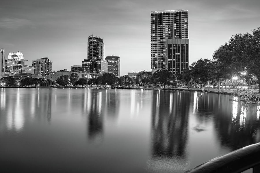 Orlando At Dusk Over Lake Eola - Black And White Photograph by Gregory ...