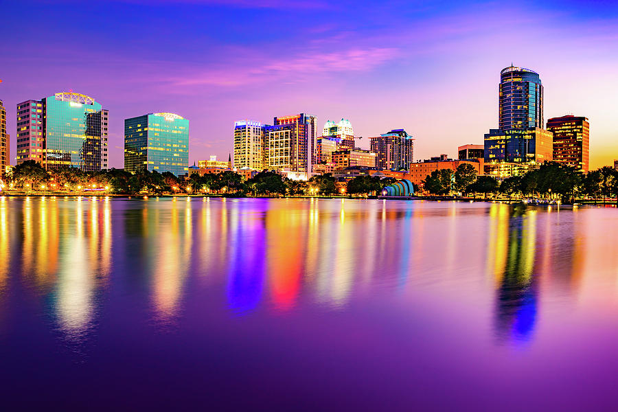 Orlando Skyline Photograph - Orlando City Reflections and Vibrant Lake Eola Park Sunset by Gregory Ballos