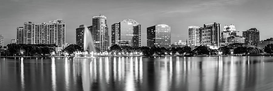 Orlando Skyline Monochrome Reflections - Florida Lake Eola Panorama Photograph