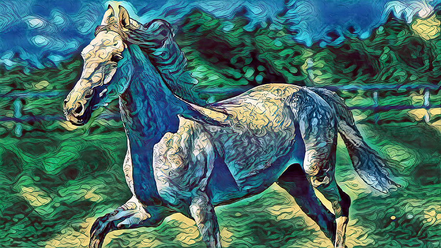 Orlov Trotter horse running - abstract curved lines art in blue and green Digital Art by Nicko Prints