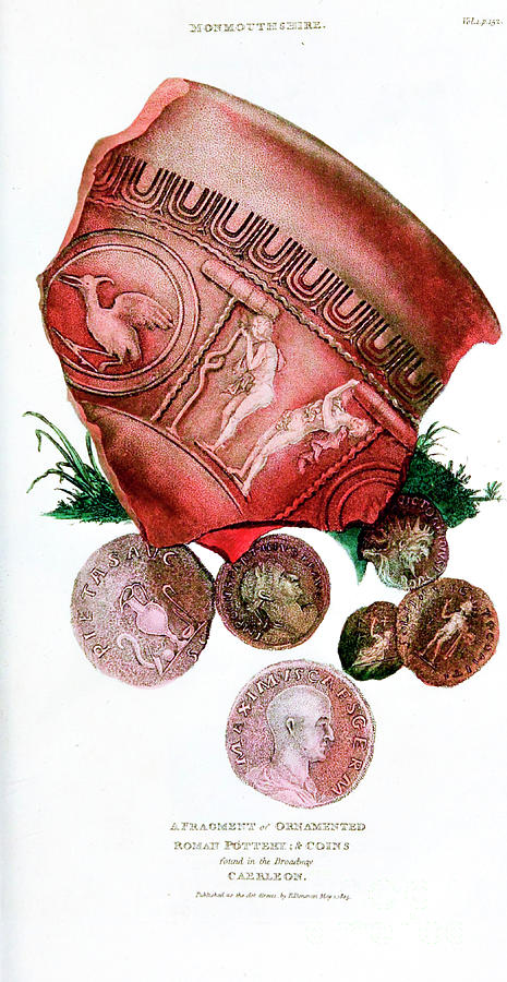 Book Drawing - ornamental Roman pottery and coins, n1 by Historic Illustrations