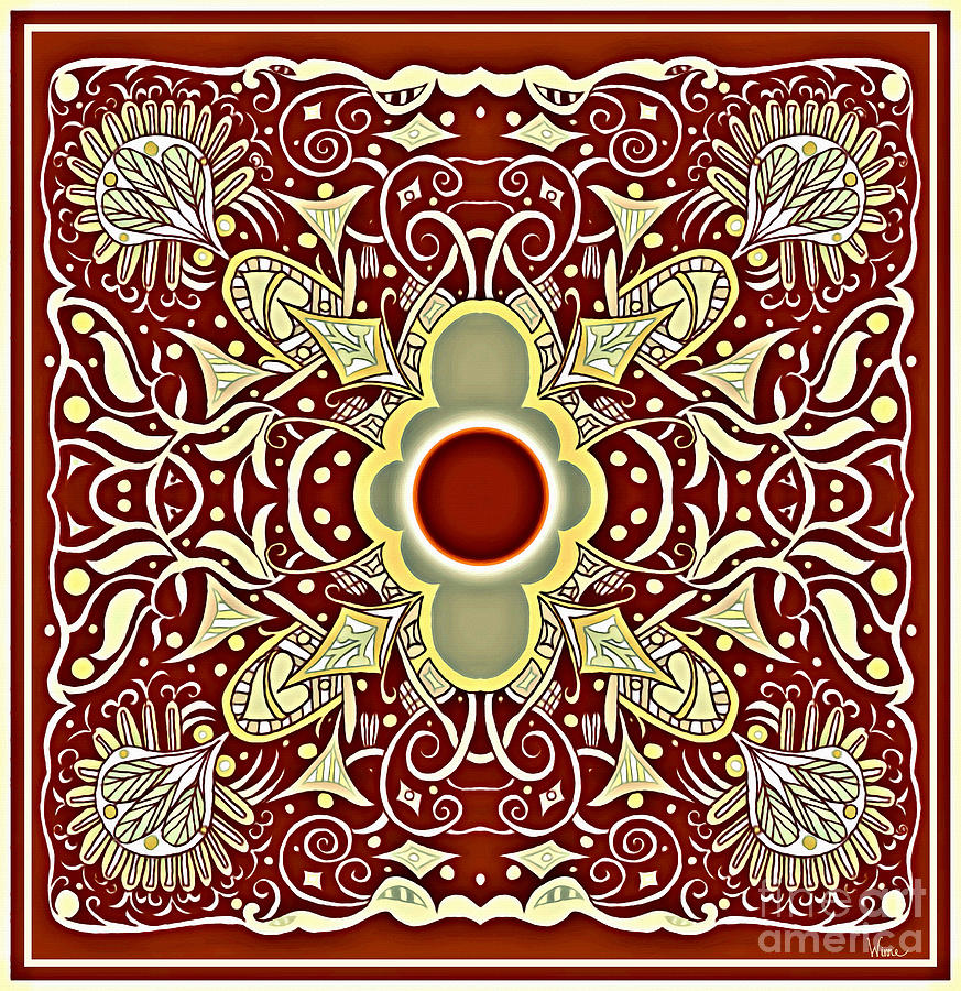 Ornate Abstract Dark Red Design with Light Yellow Details and Glowing Center Mixed Media by Lise Winne