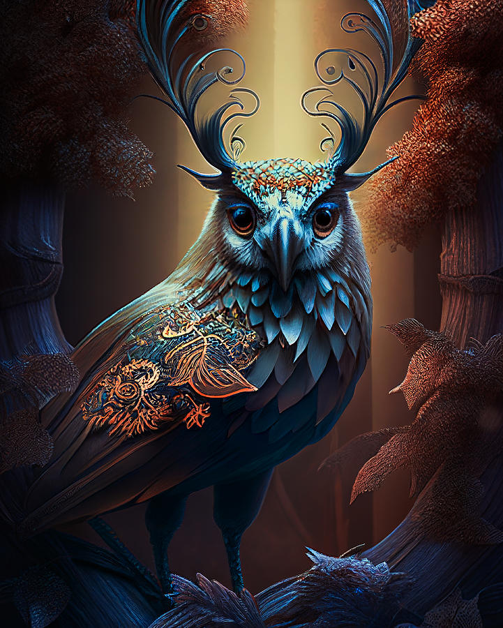 Ornate Antlered Owl Digital Art by Jim Painter