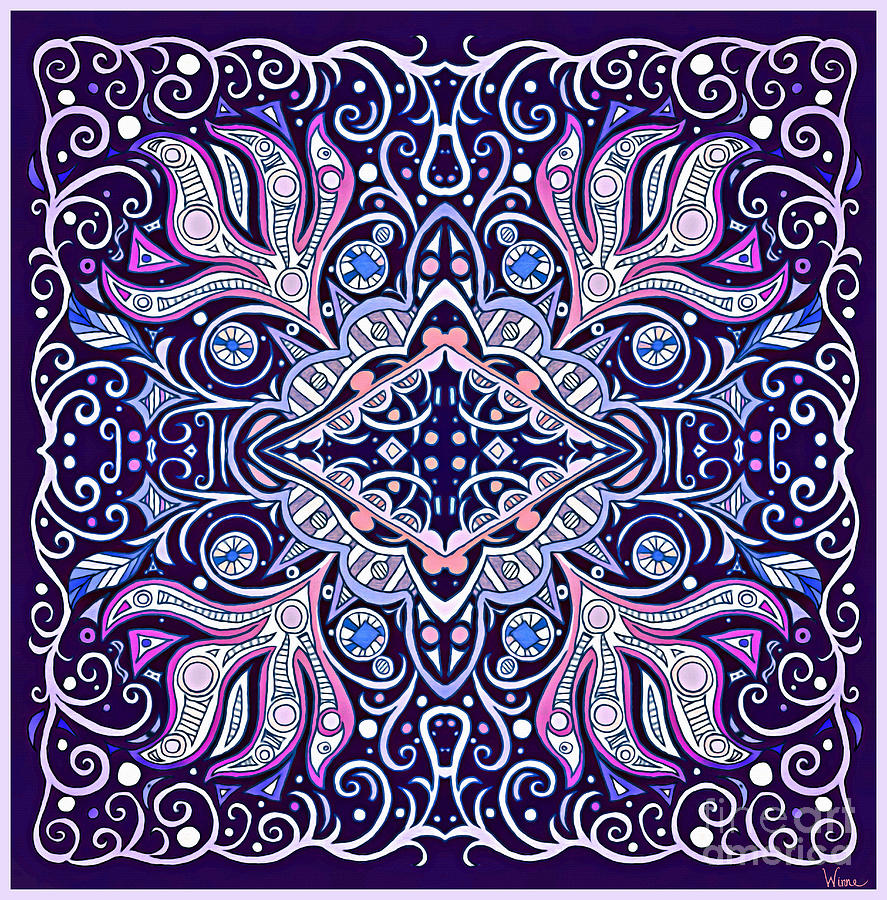 Ornate Design in Navy with Fuchsia, Blue and Pink Paisleys for Home Decor Mixed Media by Lise Winne