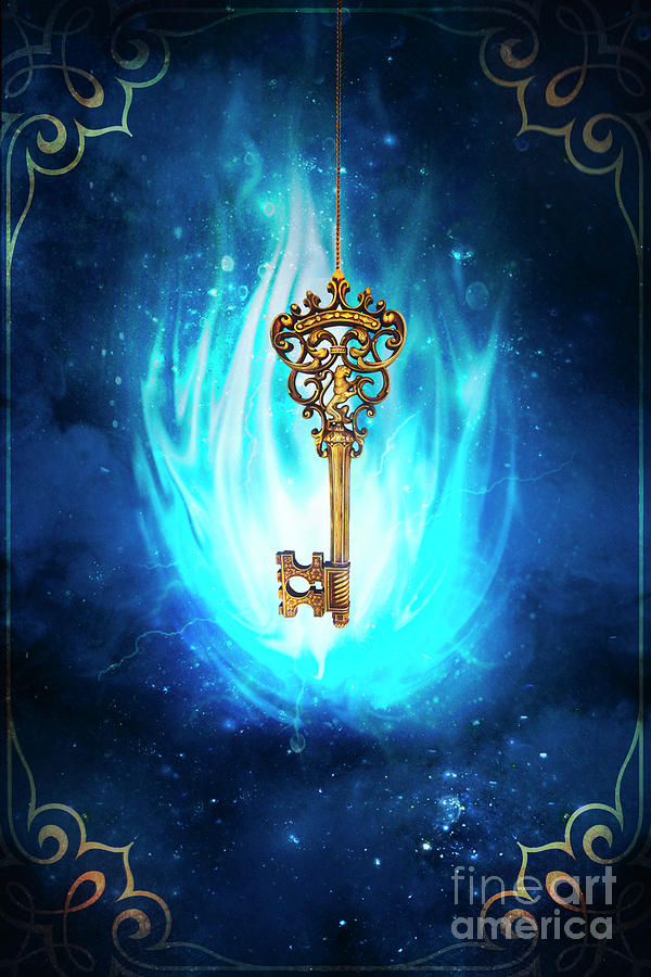Ornate gold key on mystical blue background Photograph by Sandra Cunningham