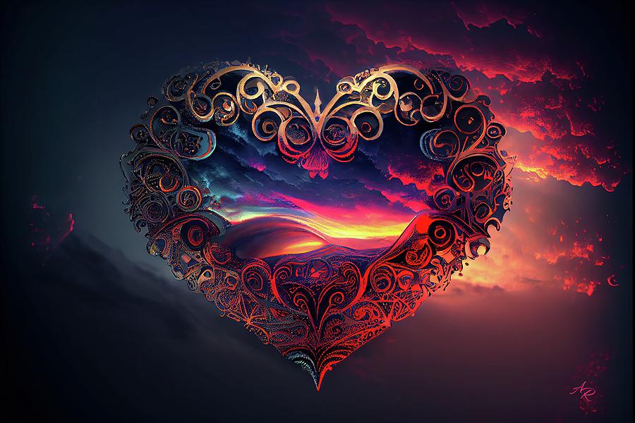 Ornate Heart in Sunset Sky Digital Art by Adrian Reich