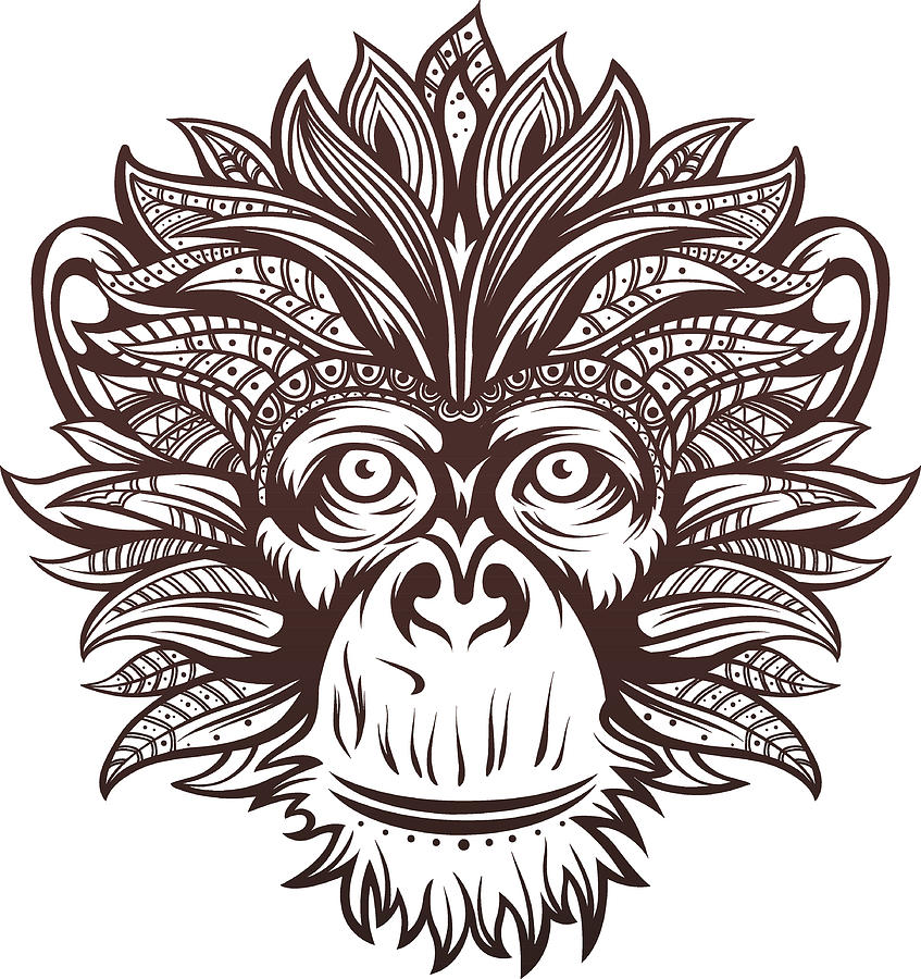 Ornate Monkey Head Drawing by Adelevin