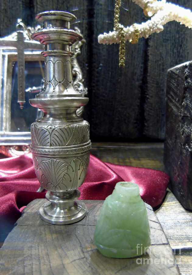 Ornate Silver Candlestick and Jade Snuff Bottle Photograph by D Hackett