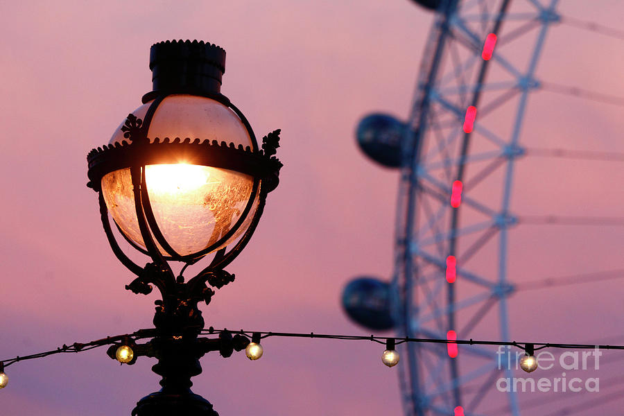 London Eye Photograph - Ornate Street Lamp and London Eye at Sunset by James Brunker