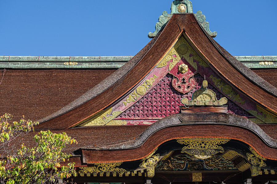 Ornate thatched roof of the Kitano Tenmangu Shrine, Kyoto Photograph by David L Moore