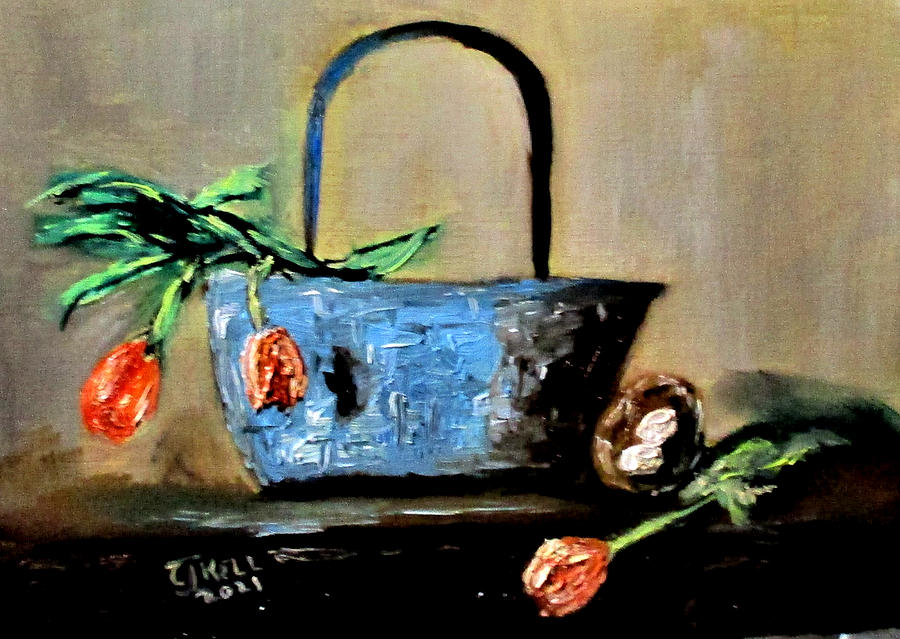 OS No7. Spring Tulips Basket Painting by Clyde J Kell