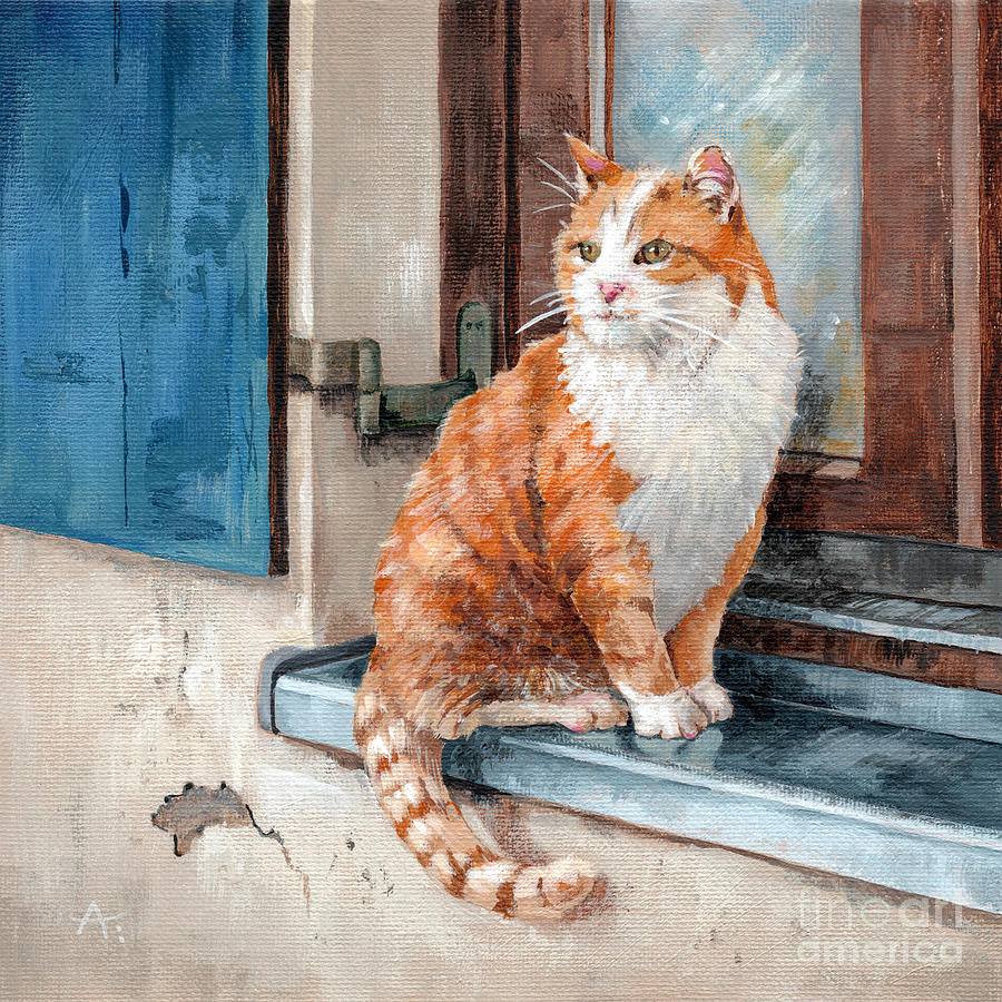 Oscar - Cat in Window painting Painting by Annie Troe