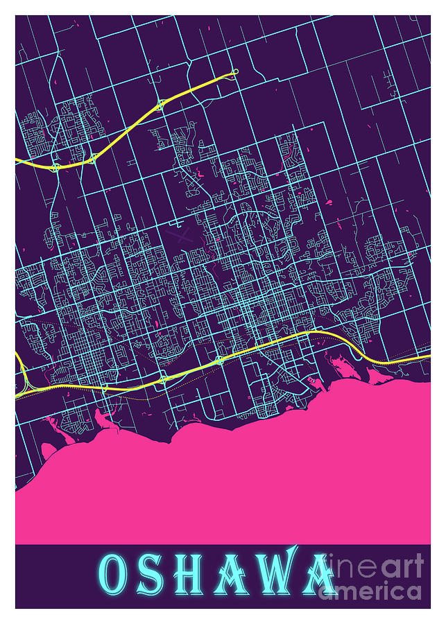 Oshawa - Canada neon City Map Digital Art by Tien Stencil