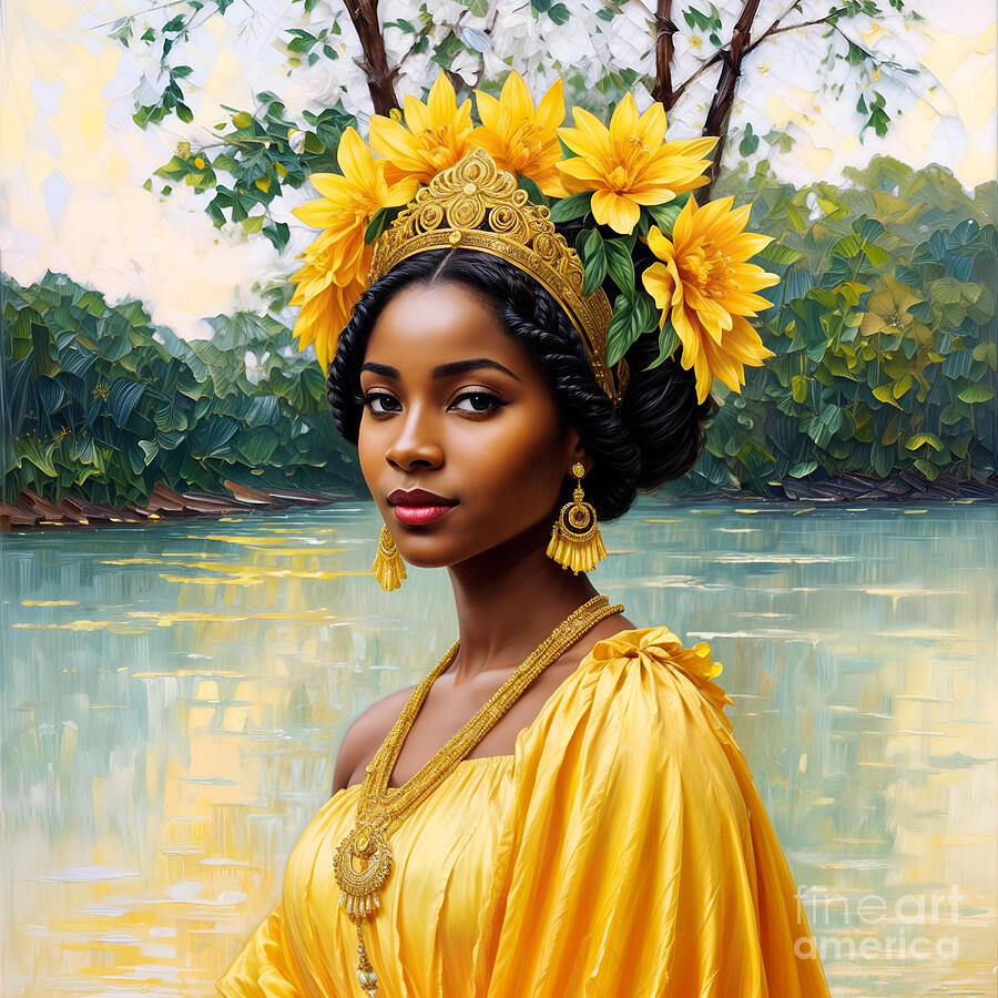 Oshun River Goddess - Yellow Floral Portrait Painting by Dee Claire ...