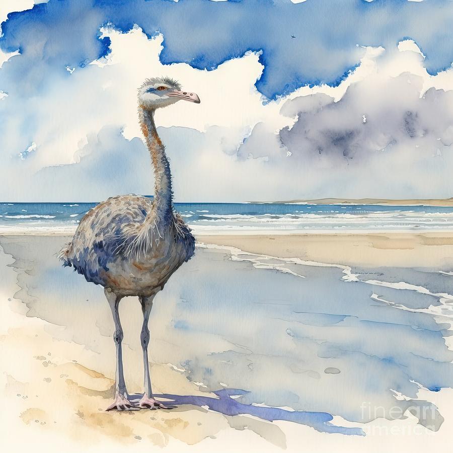 Nature Painting - Ostrich At Beach by N Akkash