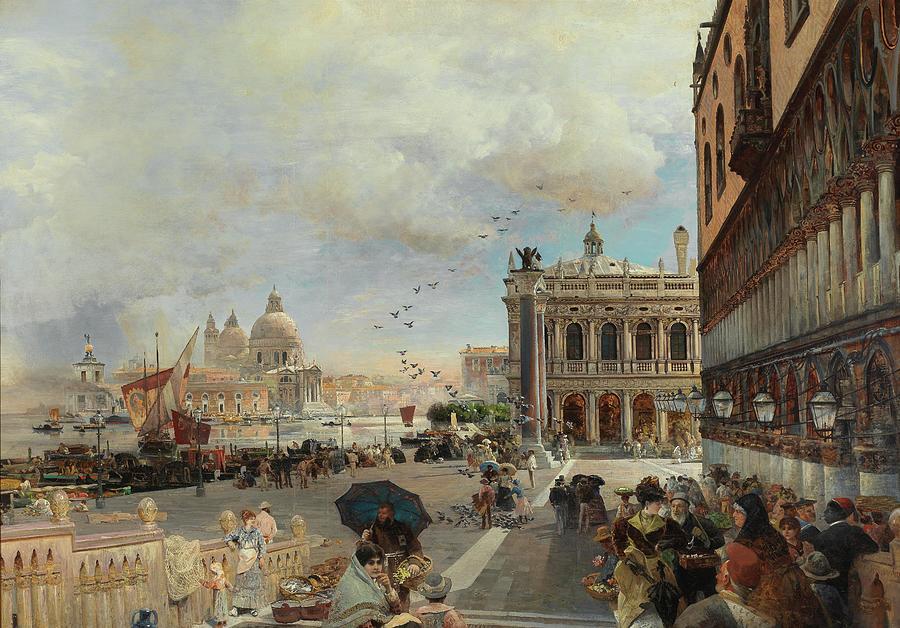 Oswald Achenbach, Venice, a view of the Piazzetta, with the Biblioteca Marciana, Santa Maria della S Painting by MotionAge Designs