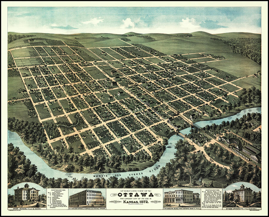 Ottawa Kansas Vintage Map Birds Eye View 1872 Photograph by Carol Japp
