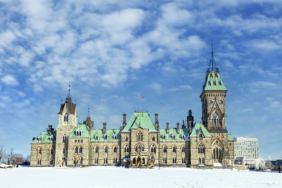 Ottawa parliament East Block, on a winter day with deep snow. The Canadian Houses of Parliament date back to 1867 and are modeled on the UK Parliamentary structure. Photograph by Jane Rix