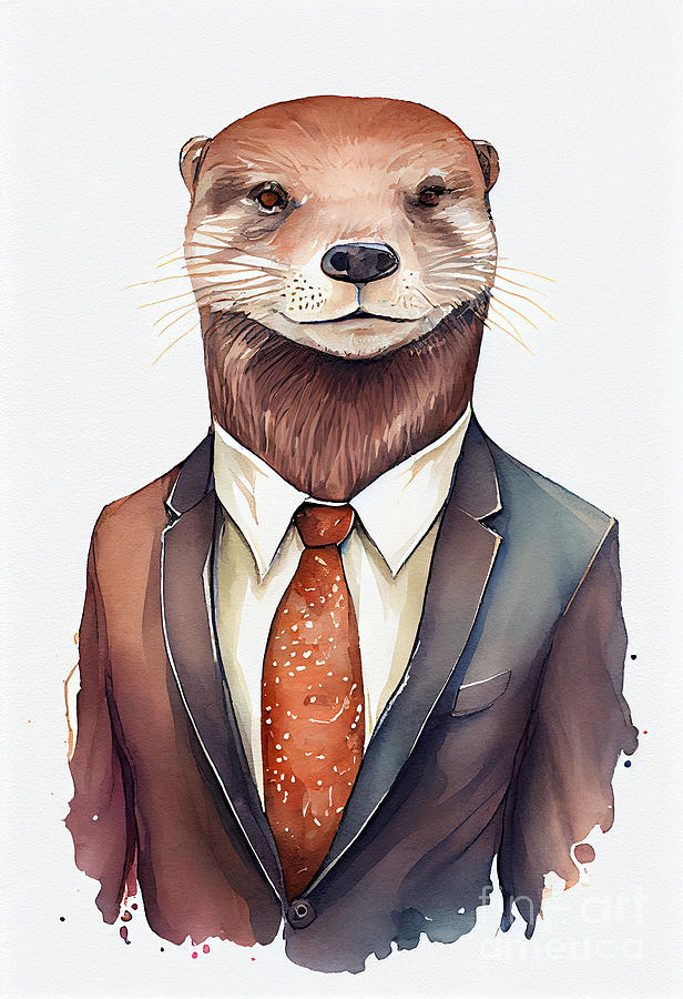 Otter Painting - Otter in Suit Watercolor Hipster Animal Retro Costume by Jeff Creation