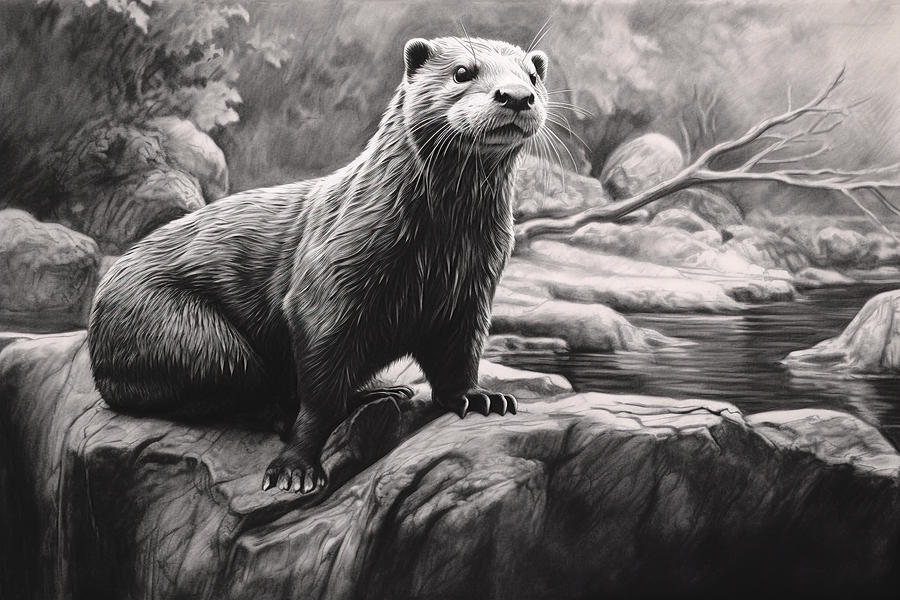 Wildlife Drawing - Otter on the rocks by David Mohn