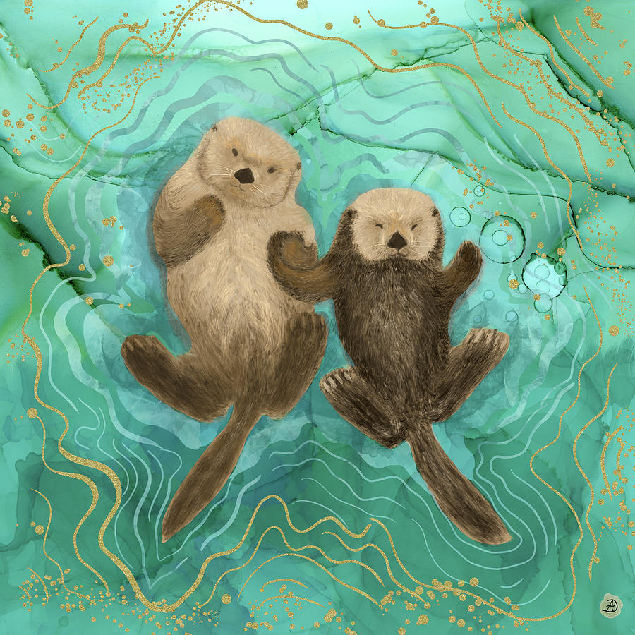 Otters Holding Paws, Floating in Emerald Waters Digital Art by Andreea Dumez