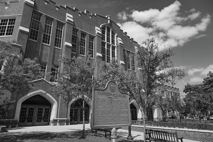 OU Fieldhouse on the campus of the University of Oklahoma in black and ...