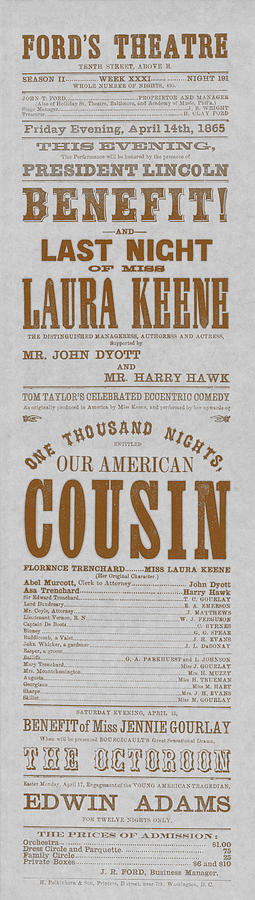 Our American Cousin Broadside - Fords Theatre April 14, 1865 Mixed Media