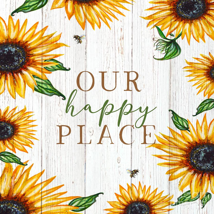 Our Happy Place In Sunflowers on Wood Set 3 Painting by Elizabeth Robinette Tyndall