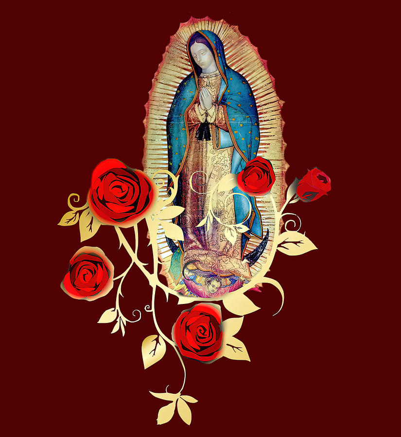 Our Lady of Guadalupe Virgen Maria Rose Bush Mixed Media by Mixed Media Art